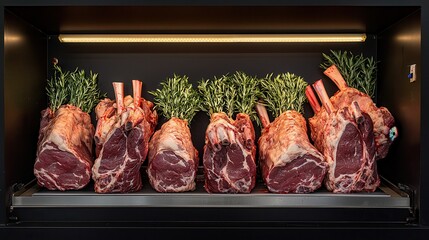 A showcase of premium meat cuts arranged neatly, garnished with fresh herbs, emphasizing quality and presentation in a modern display case.