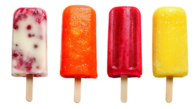 set of popsicles, isolated on transparent background. element for summer poster or background, greeting card. Sweet food, containing sugar. Refreshment during hot summer days. Different flavors.