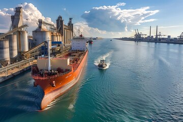 Fototapeta premium Large cargo ship leaving industrial port with tugboat assisting