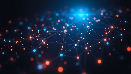 Futuristic network of glowing blue particles forming abstract data visualization on dark background.