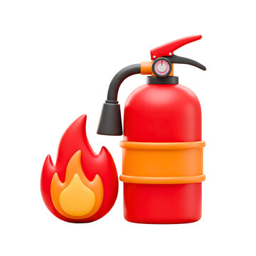 Red fire extinguisher next to a stylized flame symbol isolated on transparent background