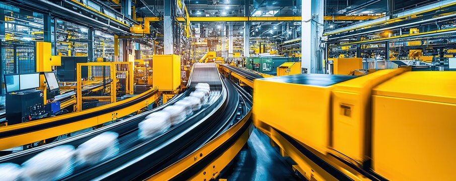A vibrant industrial scene showcasing automated conveyor systems with yellow accents, transporting goods efficiently within a modern manufacturing facility.