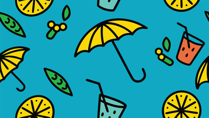 Fun Summer Pattern of Umbrellas and Drinks on Blue Background doodle illustration