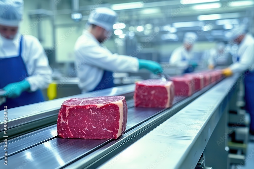Poster a meat processing facility with workers in uniforms handling cuts of beef on a conveyor belt.