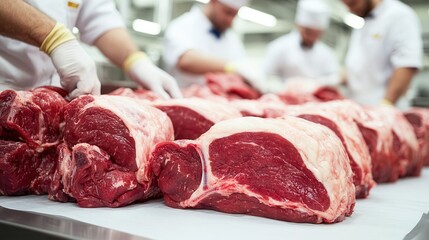 A meat processing facility where workers prepare large cuts of beef for packaging and distribution.