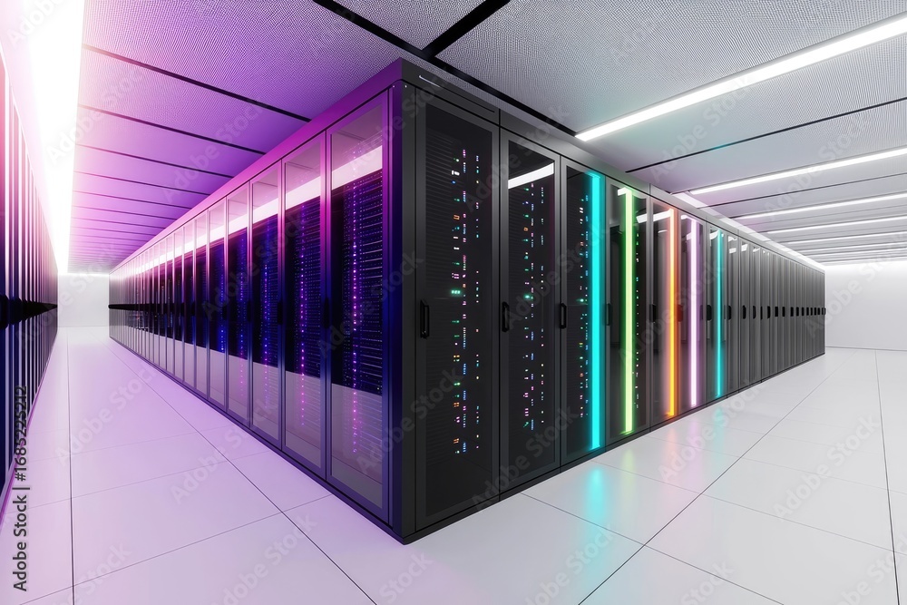 Aufkleber 3d render of futuristic data center server racks with glowing neon lights in a modern hall, represen