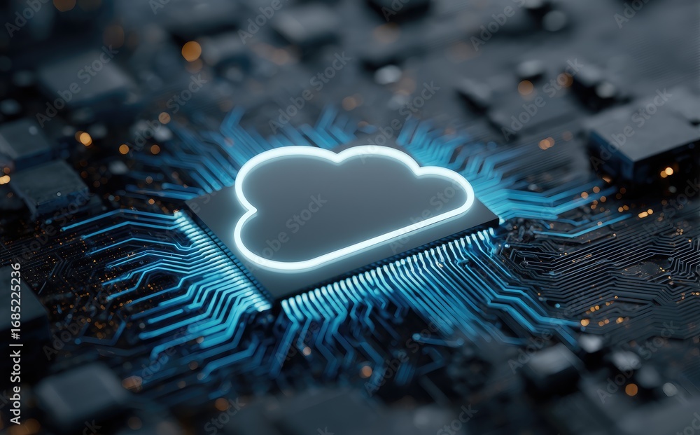 Aufkleber futuristic 3d render of a glowing cloud icon integrated on a microchip circuit board, symbolizing cl