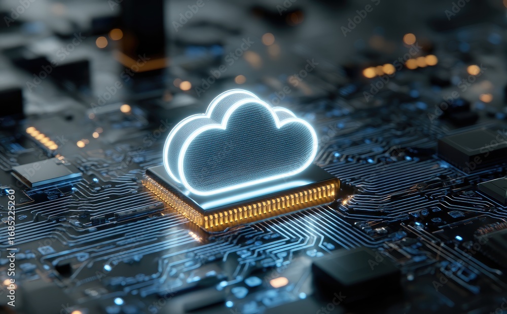 Aufkleber 3d futuristic render of a glowing cloud icon standing on a microchip circuit board, symbolizing mode
