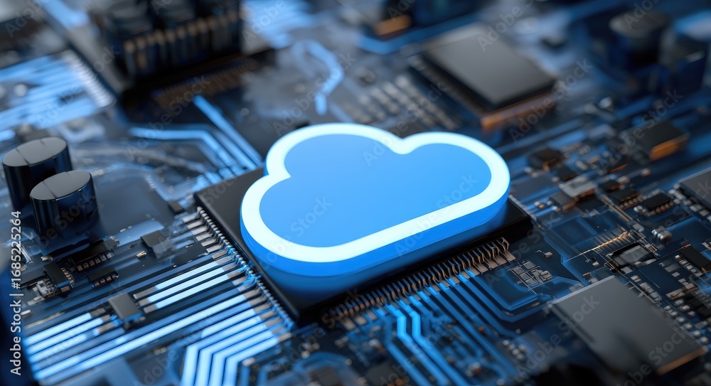 Aufkleber high detail 3d render of a bright blue cloud icon on a microchip circuit board, representing cloud c