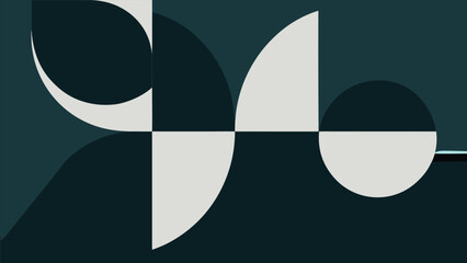 Geometric abstract composition with circles and arcs in dark teal and light gray background pattern