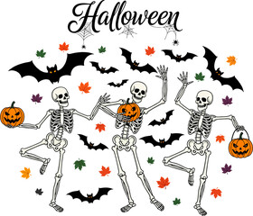 Illustration of dancing skeletons with carved pumpkins, bats, and autumn leaves. Dancing skeletons with pumpkins and bats on a Halloween background