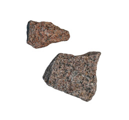 Two pieces of granite stones flying isolated on white, clipping path, PNG