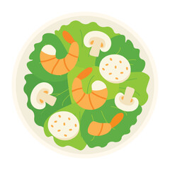 top-down eye-level full shot shows a white bowl filled with shrimp meatballs lettuce mushrooms and sauce