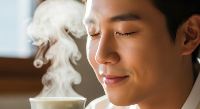 Young Asian Woman Enjoying Aromatherapy Steam with Eyes Closed