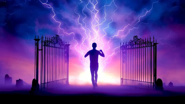 Silhouette of person with raised hands amidst lightning gates