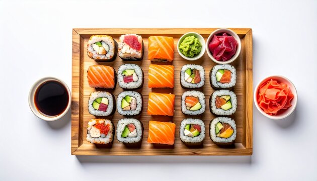 Assorted sushi pieces arranged on wooden tray with soy sauce, wasabi, and ginger against a clean white backdrop, showcasing Japanese cuisine's artistry and freshness.