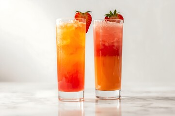 Two refreshing tall glasses of layered orange and red tropical cocktails garnished with fresh strawberries on a light background