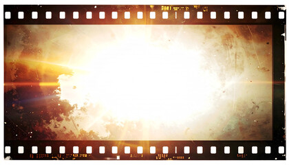 Vintage film strip frame with a bright, glowing center and grunge texture, featuring light flares and an old cinematic effect.