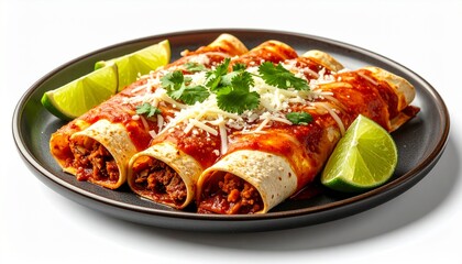 Delicious enchiladas plated with lime wedges and cilantro sit on a dark plate, showcasing vibrant colors and appetizing presentation in a studio setting.