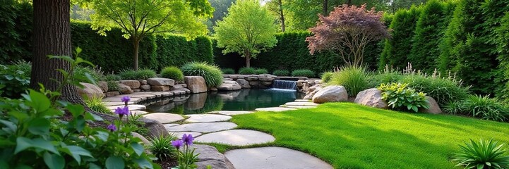 Serene backyard oasis featuring lush greenery, stone pathways, and a tranquil water feature Perfect for relaxation and outdoor entertaining , home exterior, pond, horticulture