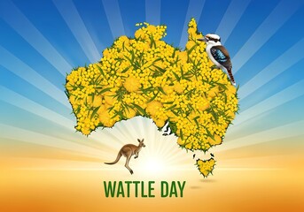 Wattle day celebration with yellow blossoms on australian map featuring kangaroo and bird scene