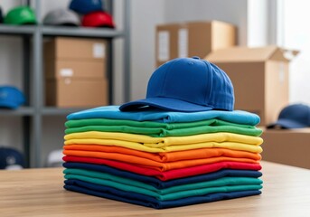 stack of colorful clothes, Colorful apparel, caps stacked neatly. Branded merchandise ready for promotional event. Swag kit preparation. Variety of colors for logo imprint. Promotional items for marke