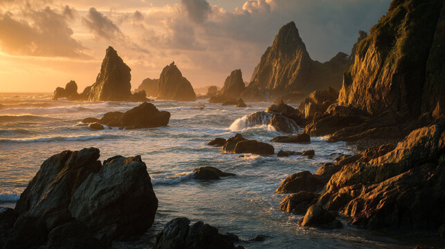 Scenic view of rocky coastline with ocean waves and dramatic sky at dusk - Powered by Adobe