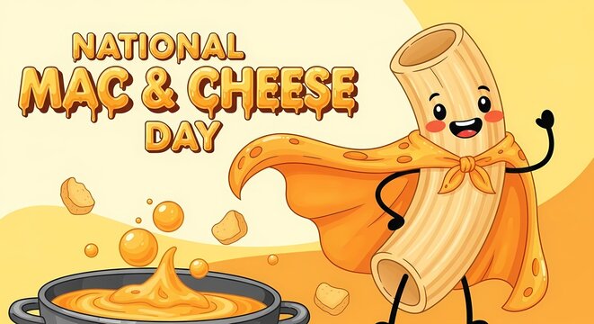 Cheerful national mac and cheese day art with happy pasta character for festive celebration design