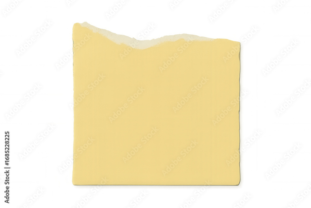 Poster torn yellow paper fragment revealing blank space, transparent backdrop showcasing minimalist design 