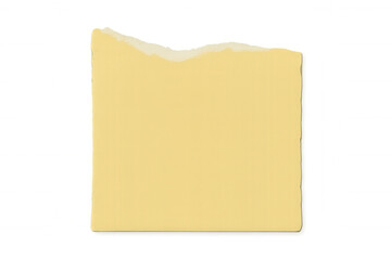 Torn yellow paper fragment revealing blank space, transparent backdrop showcasing minimalist design element
