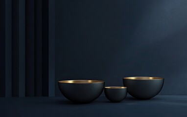 Dark background, three-dimensional geometric shapes of gold lines on a dark blue gradient background