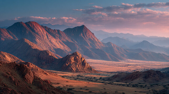 Aerial view of rugged mountain range with pink clouds in the sky above