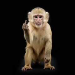 Monkey making a middle finger gesture, isolated on a black background, combining humor and attitude, perfect for creative, edgy, or provocative concepts.