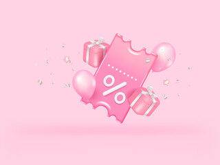 Pink coupon discount percentage with 3d gift box and 3d heart shape on gradient background. Blank tag with shiny, glossy, reflective surface.
