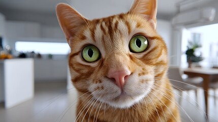 Closeup portrait of a curious and alert domestic tabby cat with striking green eyes and an endearing expression.
