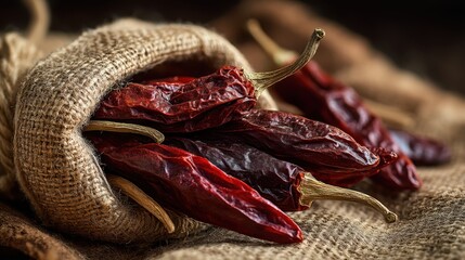 Obraz premium Rustic Dried Red Chili Peppers Displayed in a Burlap Bag with a Textured Background Highlighting Their Wrinkled Appearance and Rich Color