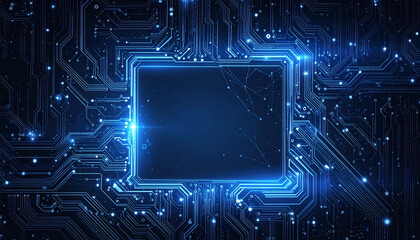 Close-up of a glowing blue circuit board with a central processing unit, representing advanced technology and digital innovation.