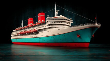 Obraz premium Vintage Teal and Red Ocean Liner on Dark Background