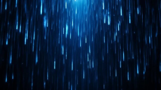 Falling light streaks, rain effect motion background. Dark blue neon digital data stream. 4k video