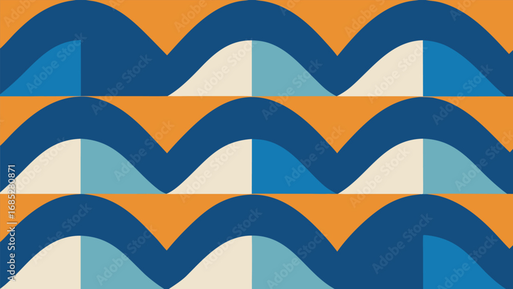 Poster geometric wavy pattern in blue orange and cream with repeating motif wave abstract