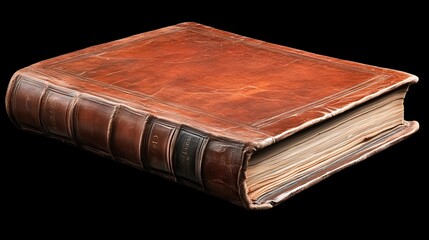 Obraz premium Antique Brown Leather Book Resting Horizontally Against Black Backdrop in Soft Studio Lighting
