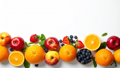 A vibrant assortment of fresh apples, oranges, strawberries, and blueberries arranged on a clean white background, showcasing healthy eating.