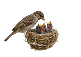 House Sparrow Feeding Nestlings: A Moment of Nature's Wonder on white background