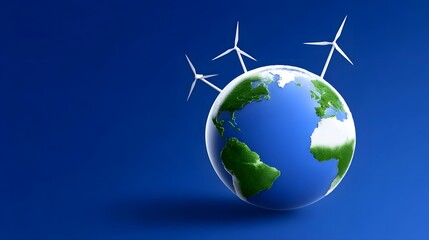 Naklejka premium Renewable energy powering the world:Wind turbines surrounding the Earth globe, representing sustainable solutions for a greener future.