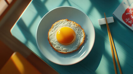 Fried egg gourmet closeup. fried egg on blue table.