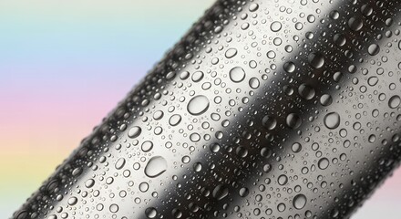Close-up of water droplets on a metallic surface with a soft pastel background.