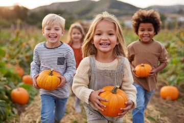 Fototapeta premium Happy children running and holding pumpkins in a pumpkin patch