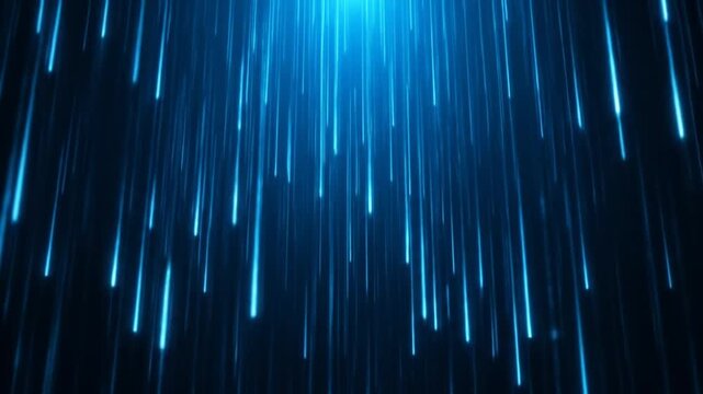Falling light streaks, rain effect motion background. Dark blue neon digital data stream. 4k video