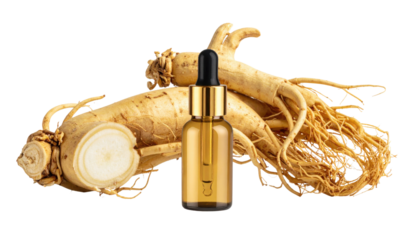 A glass dropper bottle sits next to ginseng roots, highlighting the natural extract's essence and health benefits.