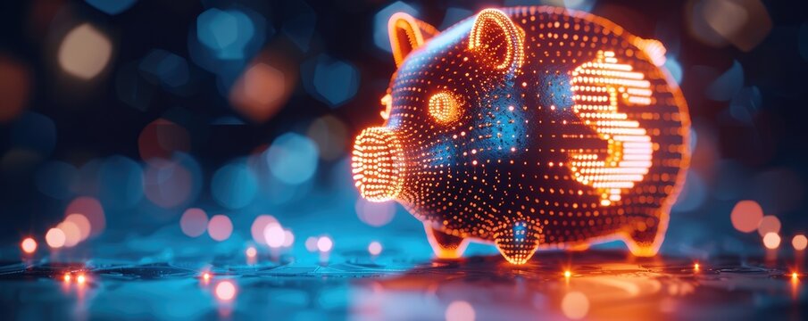 Glowing digital piggy bank made of binary code.